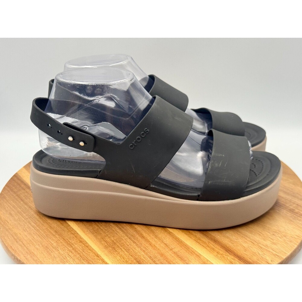 Crocs Brooklyn Women's Size 9 Black/Tan Low Wedge Sandals